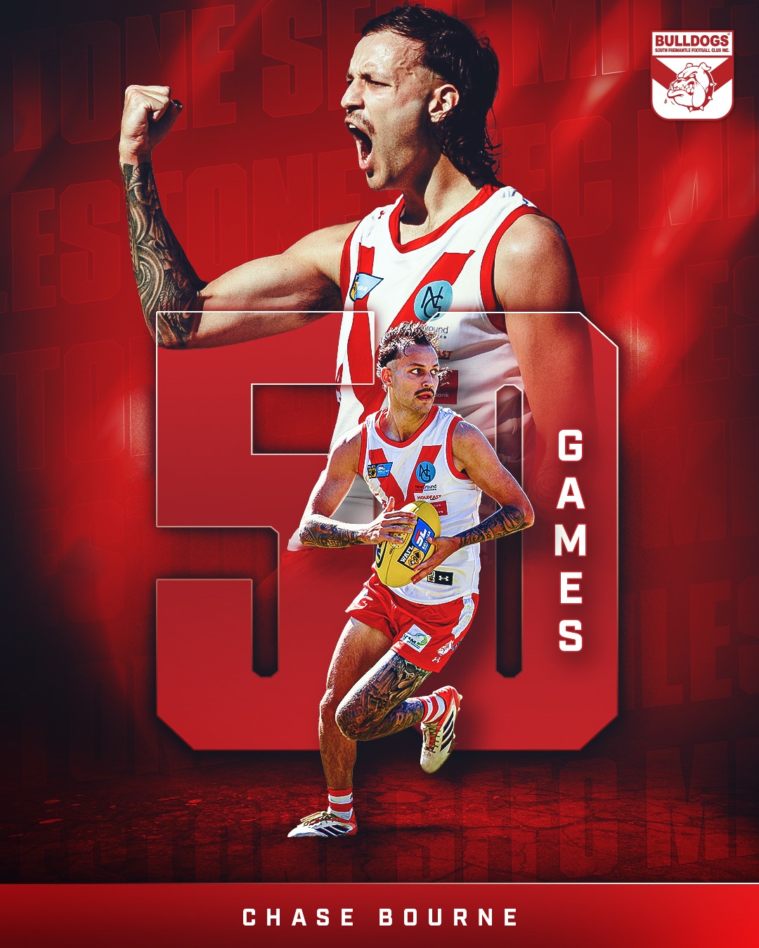 BOURNE TO PLAY 50Exciting Milestone for Chase Bourne, suiting up to play his 50th SFFC League game this Sunday April 26th @ 2:10pmWAFL Gate prices apply all day - buy online & save!