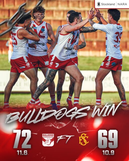 Things got a bit tight late but Bulldogs hold on for the thrilling 11.6 (72) to 10.9 (69) win this evening at Leederville against Subiaco to back up Colts and Reserves victories.Jordan Boullineau 3 goals, Trey Ruscoe 2, Lucas Robinson 2. Jake Florenca 35 possessions, Jamaine Jones 23, Chad Pearson 22, Chase Bourne 22, Jacob Sax 21, Ethan Hughes 20.