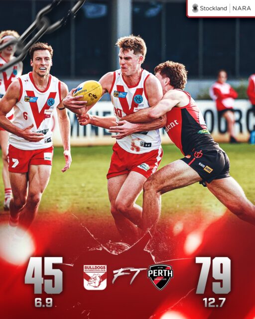 Tough second half at Lathlain for the Bulldogs with Perth kicking goals to 2 on the way to the 12.7 (79) to 6.9 (45) win.Aaron Drage with 3 goals and Isiah Winder 25 possessions, Lewis Rayson 23, Tom Blechynden 23, Sam Otto 23, Chad Pearson 21, Ethan Hughes 20.