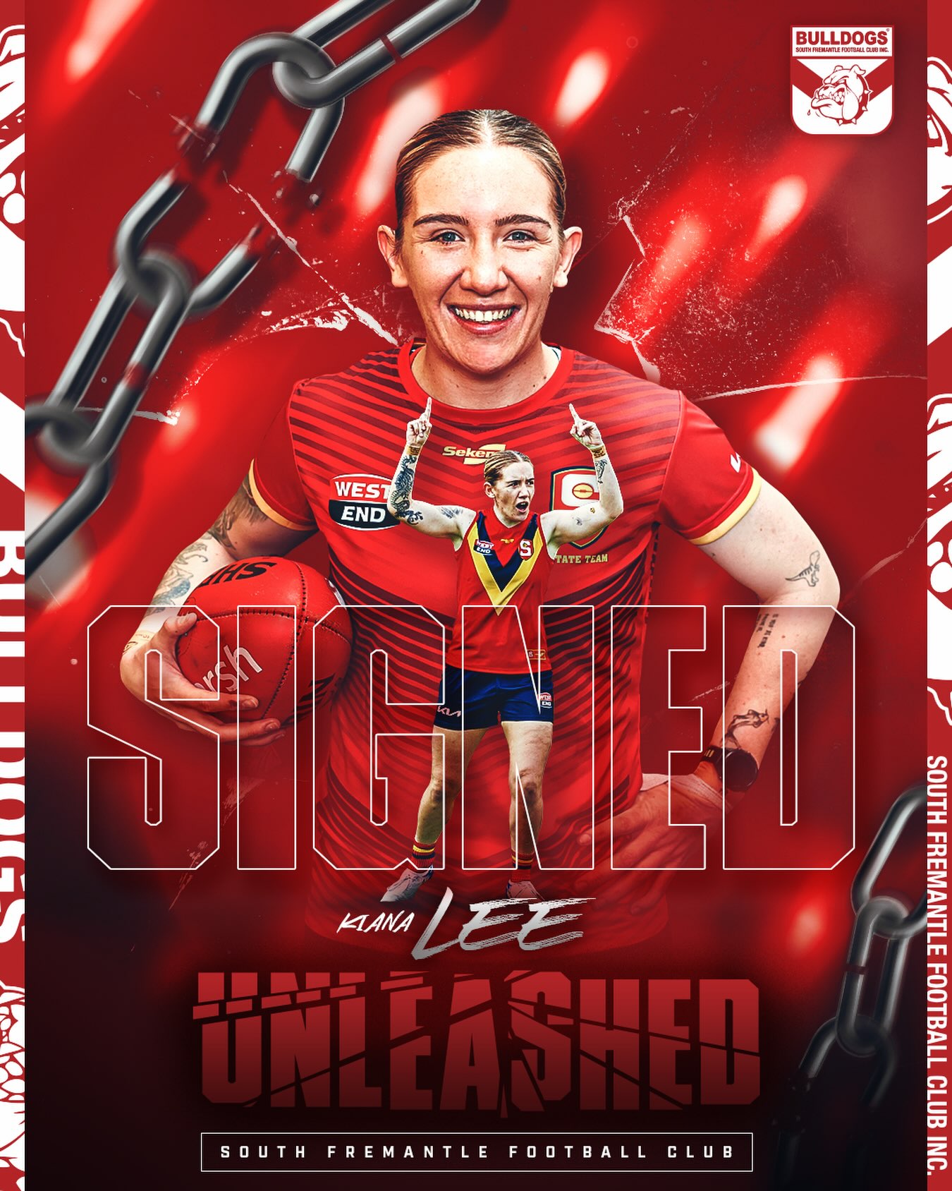 WELCOME TO SOUTH, KIANA
South Fremantle is excited to welcome accomplished SANFLW forward Kiana Lee to the Bulldogs for the remainder of the 2026 WAFLW season.
A dual SANFLW State Representative and a member of the 2025 SANFLW Team of the Year, she established herself as one of the competition’s most dangerous forwards, leading Norwood’s goal kicking in both 2024 and 2025.We’re thrilled to have Kiana on board and can’t wait to see her in the red and white! 🐶