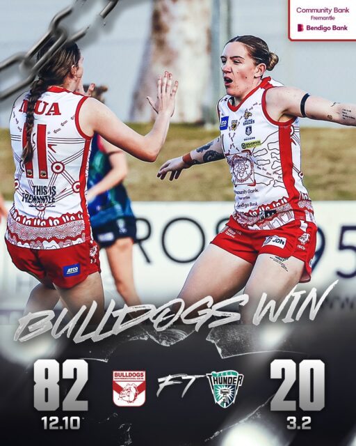 Big win in Mandurah for the Bulldogs in the WAFLW beating Peel Thunder 12.10 (82) to 3.2 (20).Kiana Lee with a massive 6 goals, Shannyn Pomersbach 3, Annalie Polimeno 2. Ash Gomes 25 touches, TJ Mulder 19.Bulldogs then won in the Rogers Cup too 17.4 (106) to 2.8 (20).