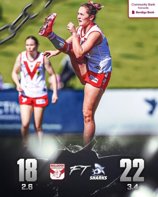 East Fremantle with the only goal of the last quarter and that saw Bulldogs go down this afternoon 3.4 (22) to 2.6 (18) in WAFLW first semi-final at The Good Grocer Park.Goals to Shannyn Pomersbach, Kiana Lee. TJ Mulder 20 touches and 15 tackles. Ash Gomes 16 disposals, Jess Watts 15, Annalie Polimeno 13.