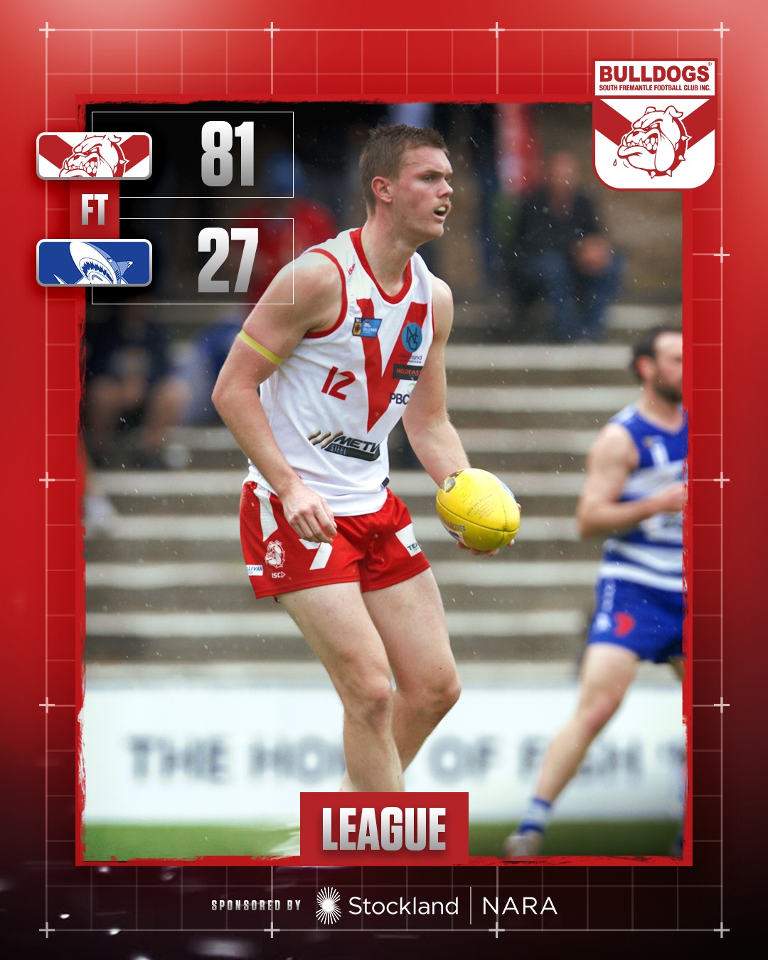 Dominant WAFL RAC Derby performance from the Bulldogs to beat the Sharks 10.21 (81) to 4.3 (27) at Fremantle Community Bank Oval.Zac Strom 4 goals, Trey Ruscoe 2, Brandon Donaldson 2. Isiah Winder 30 touches, Matty Parker 29, Tom Blechynden 27, Ethan Hughes 22.