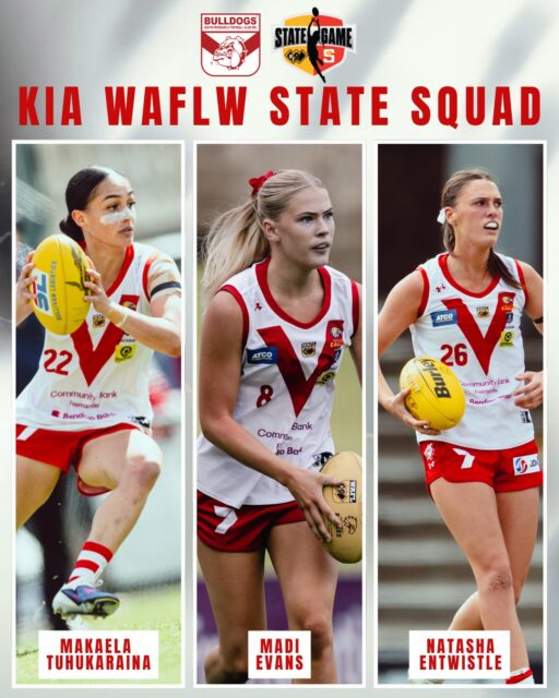 BULLDOGS MAKE STATEMassive congratulations to Makaela Tuhakaraina, Madi Evans and Tash Entwistle on their selection in the Kia WAFLW State Squad 💪Also exciting to see Pia Faletti as an Assistant Coach, and Ben Harris in Strength and Conditioning.