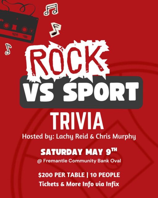 Rock v Sport is back for a second year!📅 Saturday, May 9th
🕖 Arrive 7:00pm | Kicks off 7:30pm
📍 Fremantle Community Bank Oval
💰 $200 per table (10 people)
🔞 18+ event | Limited capacity!🎟️ Secure your table now ⬇️
https://bit.ly/492xU0l