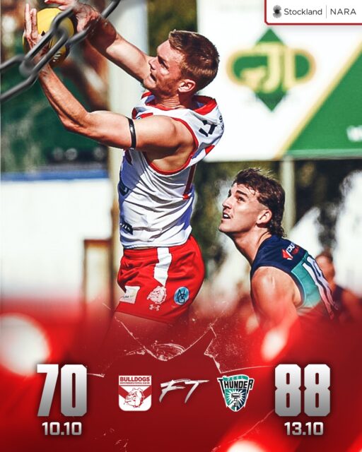 All over in Mandurah this afternoon and despite a fast finish from the Bulldogs with the only 4 goals last quarter, Peel Thunder held on to win 13.10 (88) to 10.10 (70).Brandon Donaldson, Sam Otto 2 goals each. Jake Florenca 26 disposals, Isiah Winder 19, Jamaine Jones 18, Chad Pearson 18, Tom Blechynden 17, Aaron Drage 17.