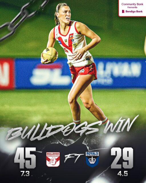 Winning night for the Bulldogs at Sullivan Logistics Stadium with the 7.3 (45) to 4.5 (29) WAFLW victory against East Perth.Jess Watts with 2 goals and 14 possessions with Tash Entwistle having 33 disposals, Makaela Tuhakaraina 29, Tara Stribley 21, Tahleah Mulder 18.Earlier the Bulldogs also won the Rogers Cup 9.4 (58) to 2.3 (15).