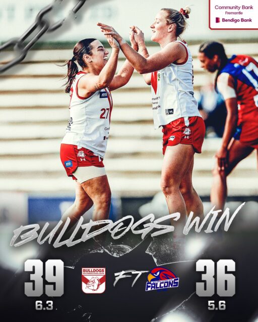 Most dramatic finish at @communitybankfremantle Oval with Shannyn Pomersbach kicking the winning goal for the Bulldogs against West Perth on the siren after a 50m penalty.Bulldogs win 6.3 (39) to 5.6 (36) with 2 goals to Pomersbach and Tahleah Mulder 23 touches, Tash Entwistle 15, Madi Evans 13 and Tara Stribley 13.