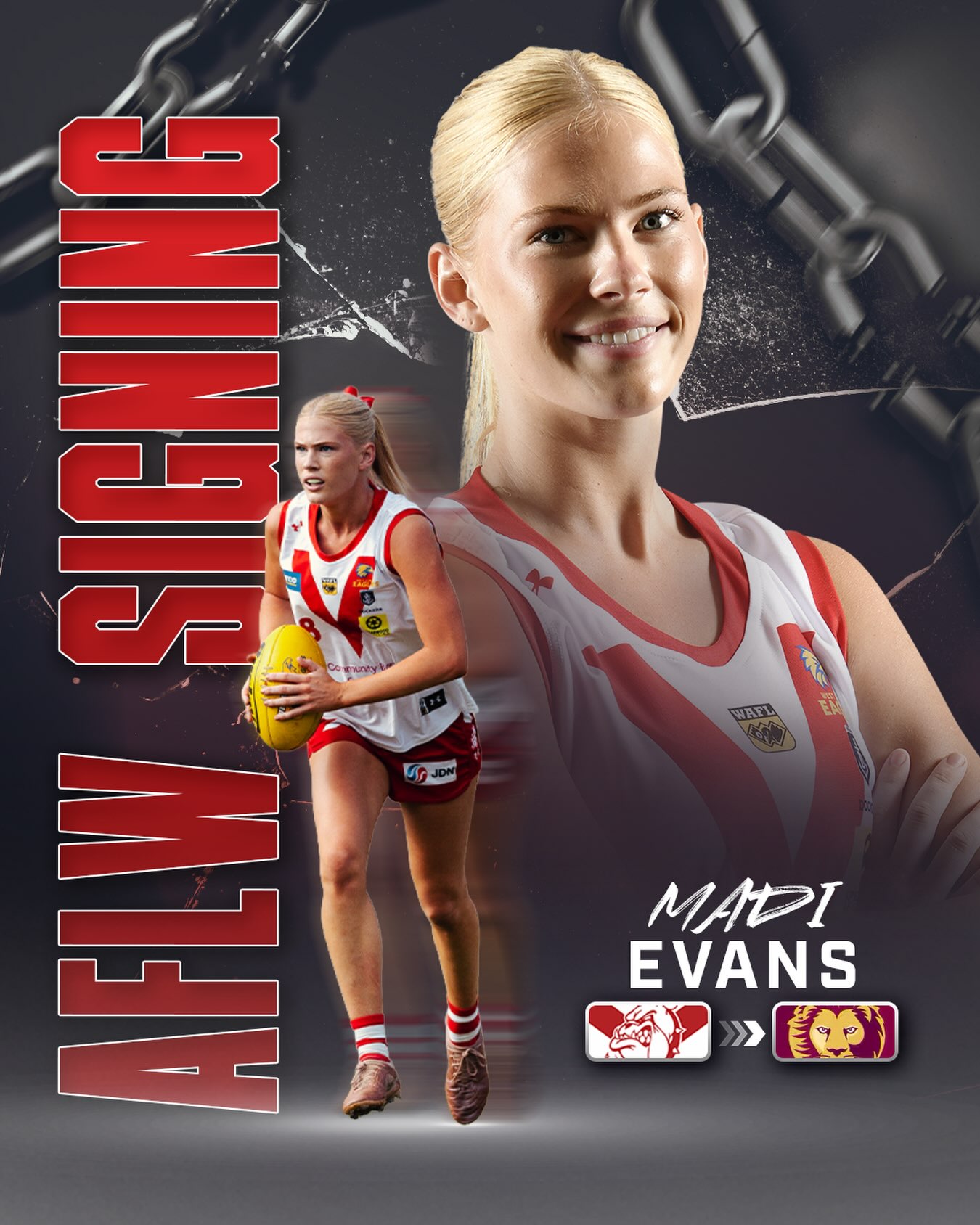 EVANS TO THE LIONSCongratulations to Madi Evans, who joins the Brisbane Lions for the 2026 AFLW season.A fantastic reward for Madi’s hard work, dedication and outstanding performances, this opportunity is thoroughly deserved. We wish her all the best for the next chapter of her football journey.Congratulations, Madi! ❤️