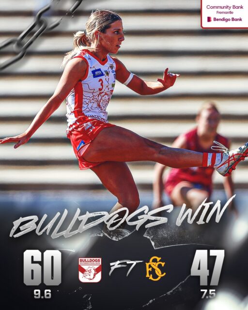 Crucial win this afternoon in the WAFLW for Bulldogs in second last round beating Subiaco 9.6 (60) to 7.5 (47) at @communitybankfremantle Oval.Kiana Lee 4 goals, Madi Hadley 3, Shannyn Pomersbach 2. TJ Mulder 21 possessions, Makaela Tuhakaraina 19, Liusaidh Gilchrist 14, Ash Gomes 13, Tara Stribley 12, Kate Newson 40 hit outs.
