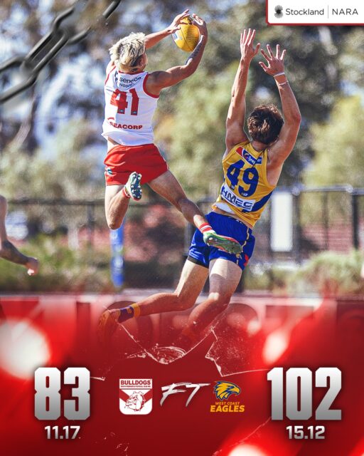 A six-goal last quarter for the Bulldogs not quite enough with the West Coast Eagles holding on for the 15.12 (102) to 11.17 (83) win at Mineral Resources Park.Isiah Winder 4 goals and Jordan Boullineau 2. Winder also 28 possessions, Jake Florenca 26, Chad Pearson 24, Tom Blechynden 21, Aaron Drage 21.