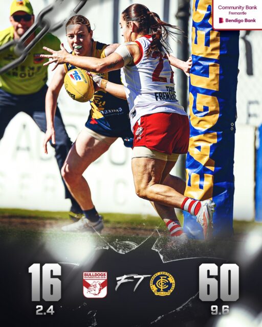 Not to be for the Bulldogs this afternoon at Revo Fitness Stadium with the 9.6 (60) to 2.4 (16) win for Claremont but it's still a fourth place finish and now a derby final first up next week.Goals to Shannyn Pomersbach, Madi Hadley. Hunter Cronin 18 possessions, Hannah Burt 17, TJ Mulder 15, Ebony Grant 15, Marie Polimeno 14.