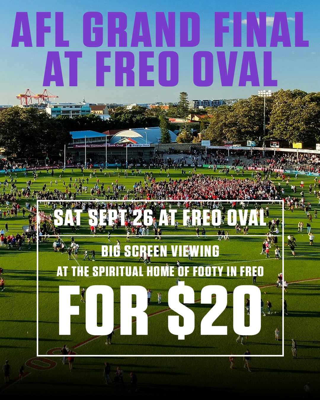 AFL GRAND FINAL LIVE AT FREO OVAL 🏆Join us on Saturday, September 26 for a massive day at Fremantle Oval, with:🟣 Mega screens on the oval
🟣 Grandstand seating
🟣 Multiple bars
🟣 Food trucksFirst Release – $20 General AdmissionFull refunds will be provided if the Fremantle Dockers do not qualify for the 2026 AFL Grand Final.Secure your spot now with the link in our bio.