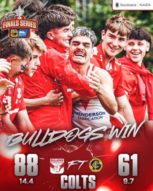 Bulldogs are through to the Colts Grand Final! Terrific win this morning at Revo Fitness Stadium to beat Claremont 14.4 (88) to 9.7 (61) in the preliminary final.Jack McAuliffe with 3 goals, Cam Maynard 2, Jarrah Hayden 2. Chace Vanderhoek 24 possessions, Zac Godwin 17, McAuliffe 16, Hudson Graham 16.