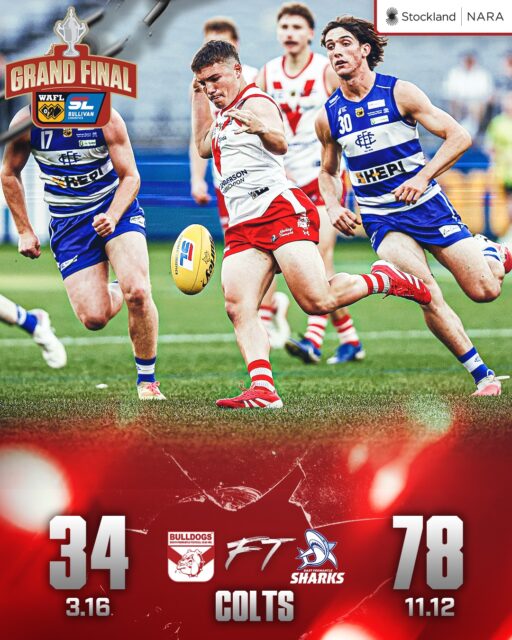 Not to be for the Colts but a tremendous season all the same from the Bulldogs boys to reach the Grand Final. But East Fremantle won 11.12 (78) to 3.16 (34) at Optus Stadium.Goals to Jack McAuliffe, Kobe Clucas, Cooper Matera. Zac Godwin 18 possessions, Chace Vanderhoek 17, Riley Stannard 16, Heath Wilson 14, Hudson Graham 14.